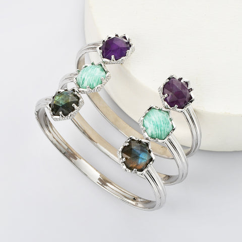 Silver Hexagon Gemstone Faceted Bangle, Healing Crystal Stone Cuff Bracelet Jewelry ZS0496