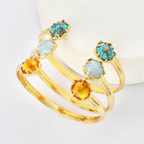 Gold Plated Hexagon Rainbow Gemstone Faceted Claw Bangle, Healing Birthstone Cuff Bracelet Jewelry ZG0496