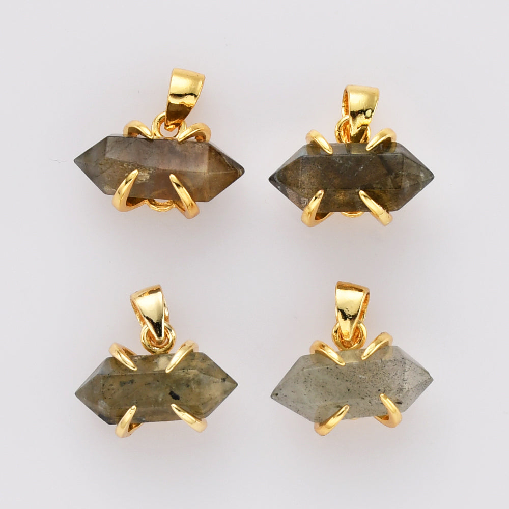 Tiny Hexagon Point Gold Plated Claw Rainbow Gemstone Pendant, Crystal Stone Terminated Point Pendant ZG0480