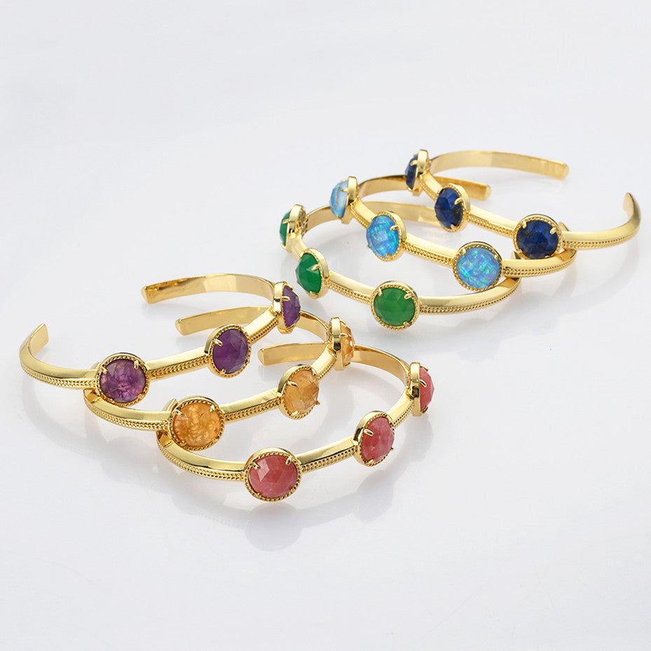 Gold Plated Brass 3-Round-Gemstone Faceted Bangle, Healing Crystal Quartz Cuff Bracelet  ZG0493