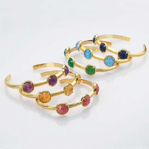 Gold Plated Brass 3-Round-Gemstone Faceted Bangle, Healing Crystal Quartz Cuff Bracelet  ZG0493