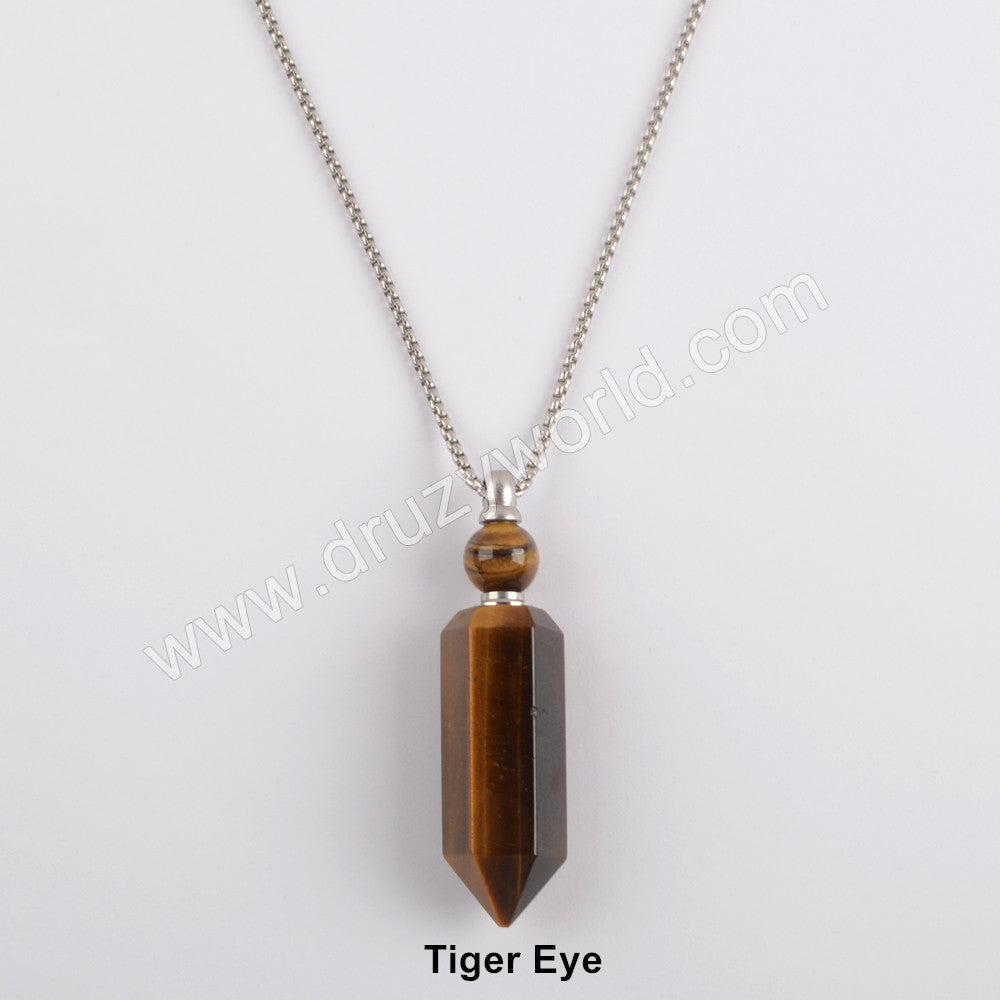 Silver Natural tiger eye Stone perfume bottle necklace