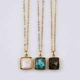 Small Square Gold Bezel Briolette Gemstone Pendant Natural Labradorite Moonstone Copper Turquoise Healing Crystal Pendants Necklace ZG0470