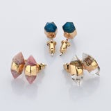 Gold Plated Hexagon Point Natural Gemstone Stud Earrings, Birthstone Earrings, Healing Crystal Stone Post Earrings, Wholesale Supply G2092