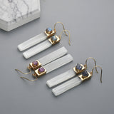 Gold Plated Rectangle Natural Selenite Crystal Earrings, Pave Raw Gemstone Chips, Healing Jewelry, Boho Earrings G2091