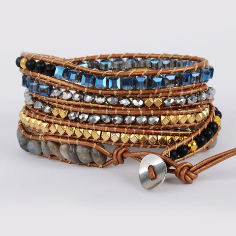 Gold Faceted Labradorite 4mm Natural Stone Beads 5-Layers Leather Wrap Bracelet, Boho Handmade Jewelry HD0082