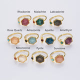 Hexagon Gold Plated Brass Gemstone Faceted Ring, Adjustable Open Ring, Natural Crystal Jewelry WX2195