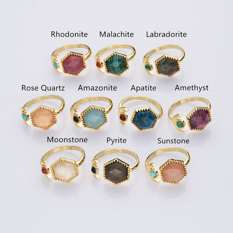 Hexagon Gold Plated Brass Gemstone Faceted Ring, Adjustable Open Ring, Natural Crystal Jewelry WX2195