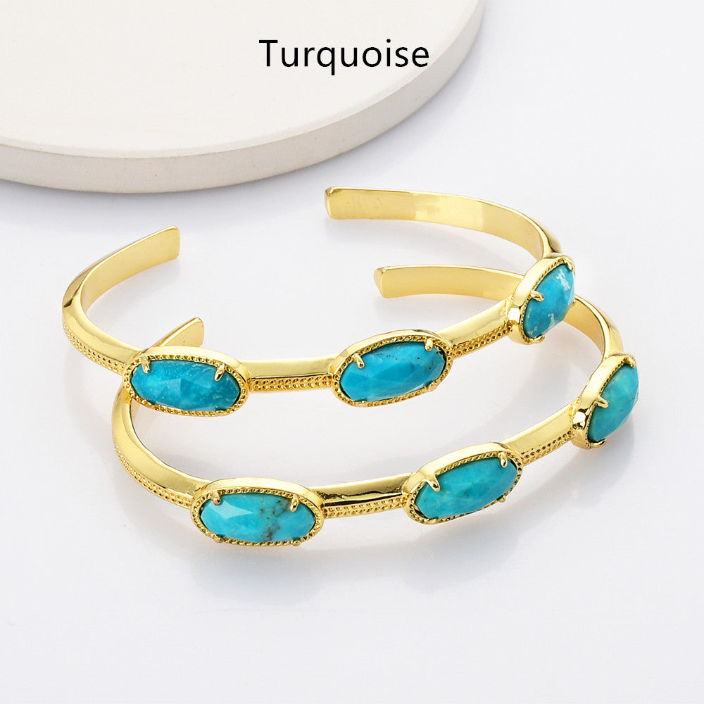 Gold Plated Claw Oval Multi Gemstone Faceted Bangle Bracelet, Healing Stone Cuff Jewelry ZG0494