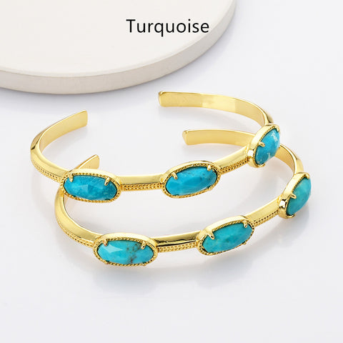 Gold Plated Claw Oval Multi Gemstone Faceted Bangle Bracelet, Healing Stone Cuff Jewelry ZG0494
