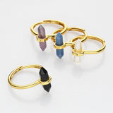 Hexagon Point Natural Stones Gold Bezel Ring, Adjustable, Gemstone Jewelry Ring WX2206