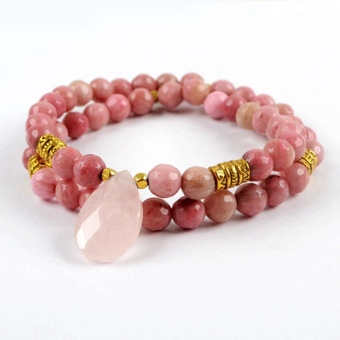 G1840 Teardrop Natural Rose Quartz With 6mm Rhodonite Jasper Faceted Beads Layer Bracelet