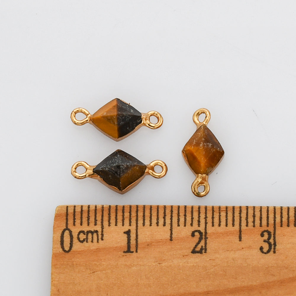 Tiny Gold Plated Tiger's Eye Connector, Diamond Faceted Shape, Gemstone Charm, For Jewelry Making AL610