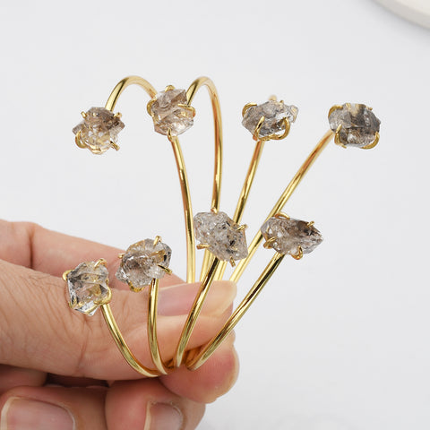 Gold Plated Claw Raw Herkimer Crystal Bracelet, Faceted Healing Gemstone Quartz Bangle Cuff Jewelry ZG0498