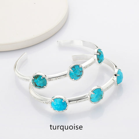 Silver Plated Brass Round Three-Gemstone Faceted Bangle, Healing Crystal Quartz Cuff Bracelet ZS0493