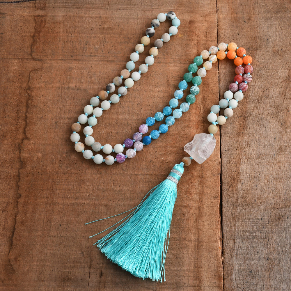 32" Raw White Quartz Blue Tassel Rainbow Gemstone Bead Necklace, 8mm Fire Agate and Amazonite Beads, Mala Prayer Balance Meditation Reiki Spiritual Jewelry HD0309