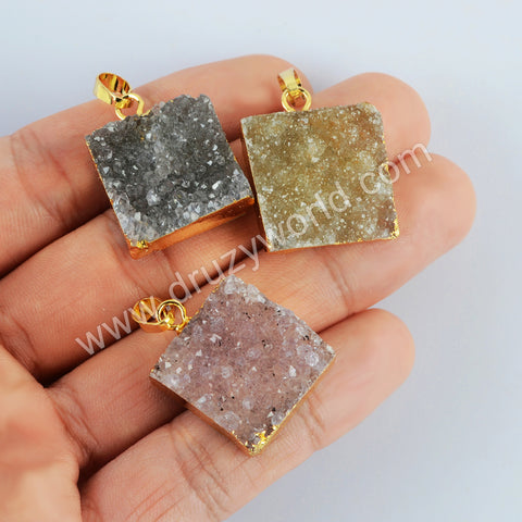Gold Plated Square Natural Colors Agate Druzy Pendant, Drusy Crystal Pendant G2022