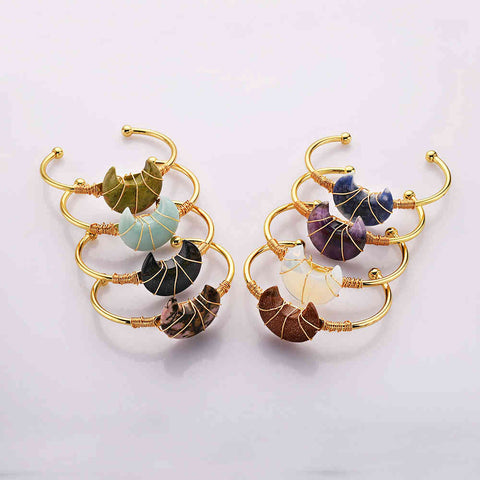 Gold Plated Brass Rainbow Gemstone Crescent Moon Wire Wrap Bangle Bracelet Handmade Boho Jewelry WX2074