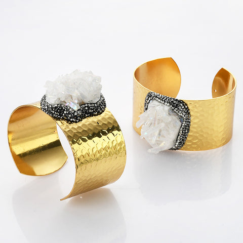 Gold Plated Angel Aura Quartz Cluster Point Rhinestone Bangle Bracelet, AB White Crystal Cuff, Boho Jewelry G2095
