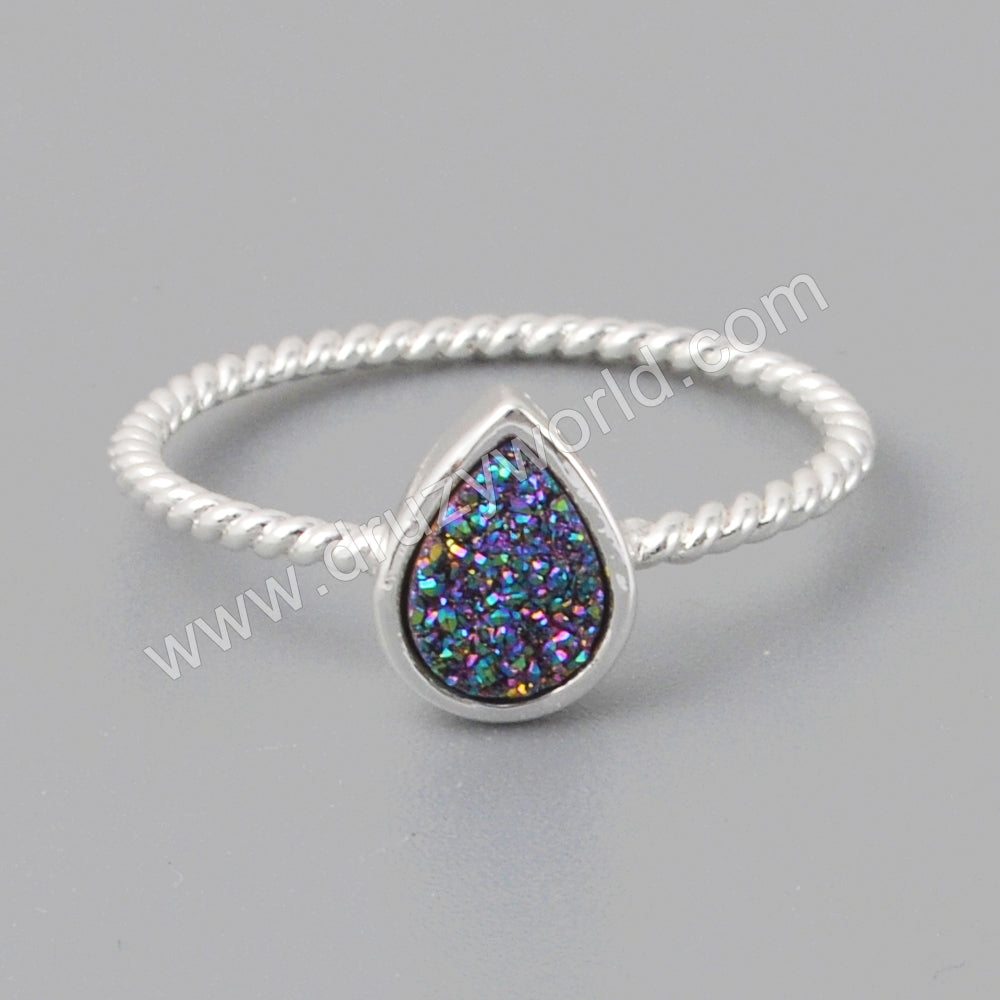 Teardrop Silver Plated Bezel Natural Titanium Agate Druzy Ring ZS0288