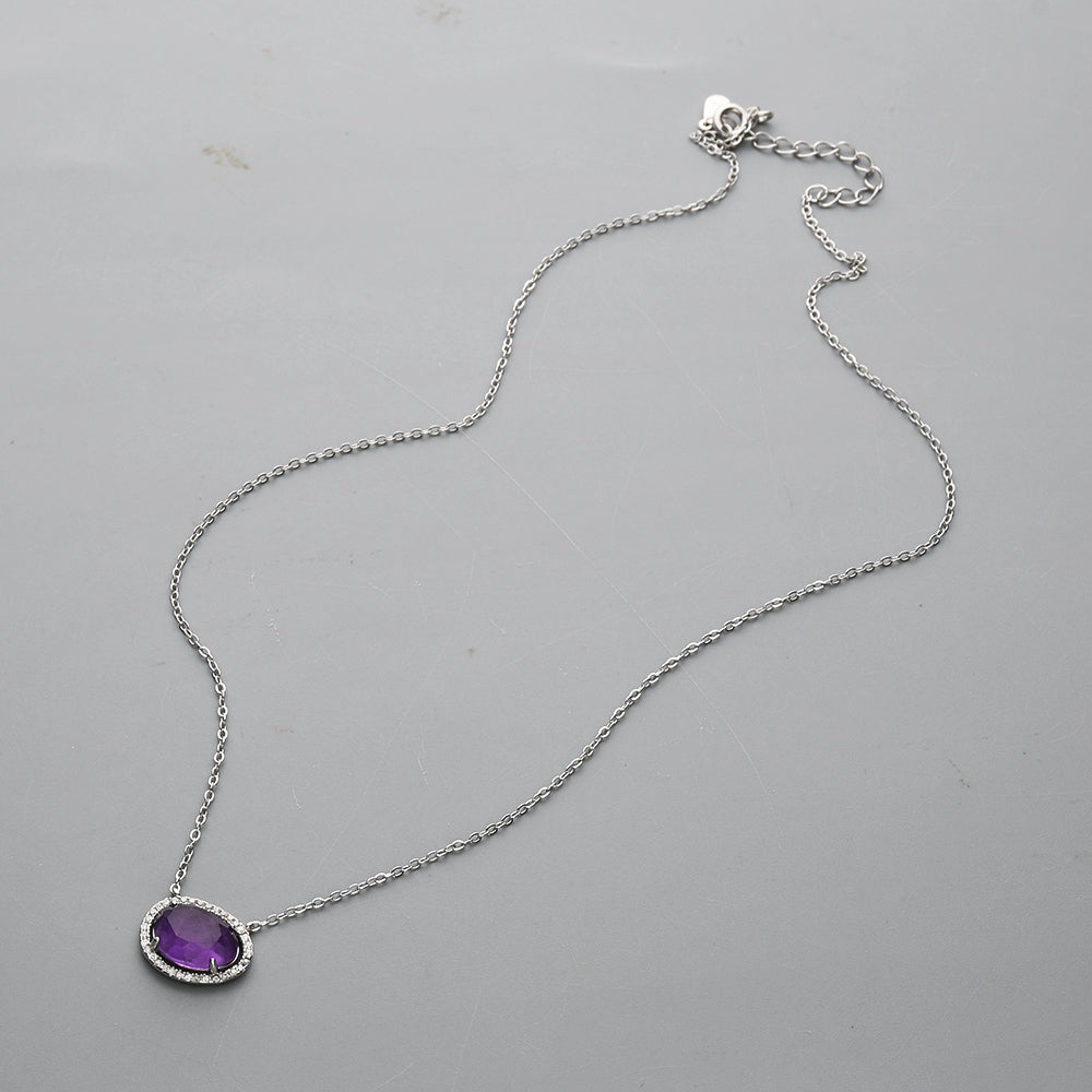 15" S925 Sterling Silver Prong Faceted Aquamarine Moonstone Crystal Necklace, CZ Micro Pave, Gemstone Dainty Jewelry Necklace SS228NS
