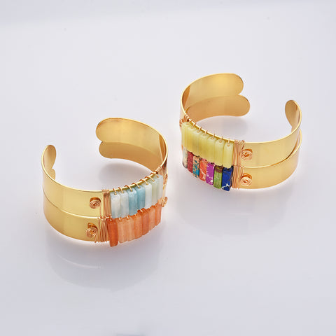 Gold Plated Brass Wire Wrap Gemstone Bangle Bracelet, Crystal Stone Cuff WX2197