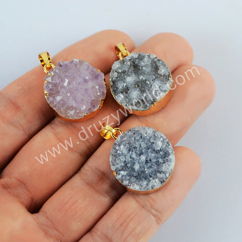 Gold Plated Round Natural Colors Agate Druzy Pendant, Crystal Coin Pendant G2020