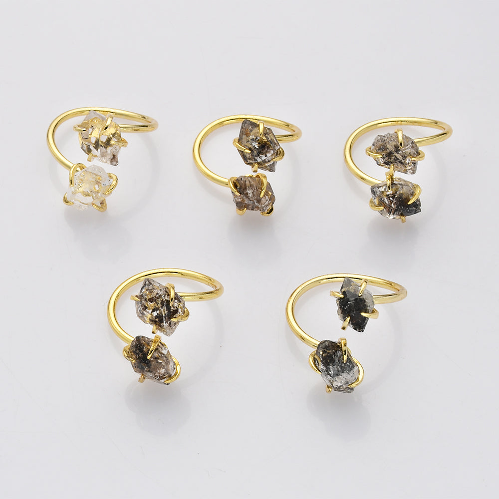 Adjustable Gold Plated Claw Raw Herkimer Quartz Ring, Healing Crystal Stone Ring Jewelry ZG0500