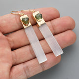 Gold Plated Rectangle Natural Selenite Crystal Earrings, Pave Raw Gemstone Chips, Healing Jewelry, Boho Earrings G2091
