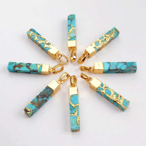 Rectangle Gold Plated Natural Copper Turquoise Gemstone Bar Pendant G1531
