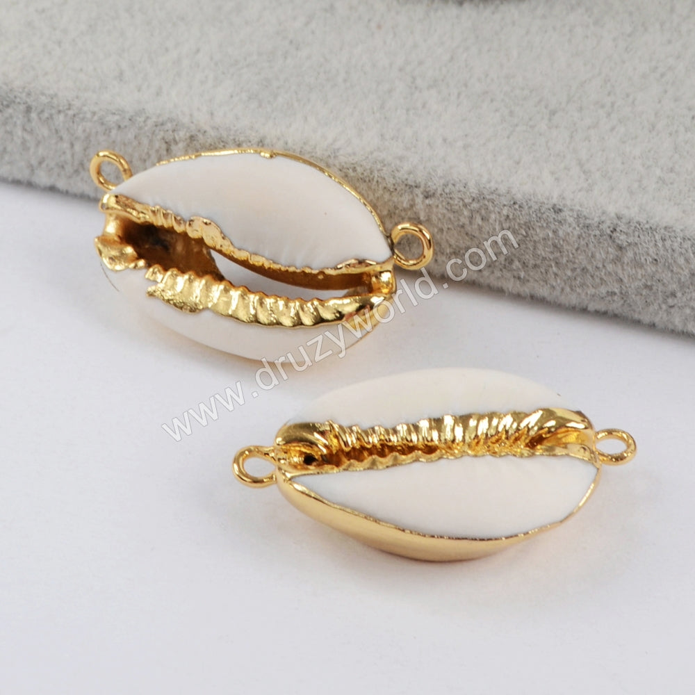 Gold Plated Natural Cowrie Shell Connector, Seashell Beach Shell For Jewelry Making G1452