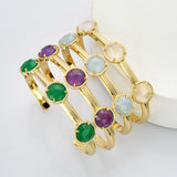 Gold Plated Brass 3-Round-Gemstone Faceted Bangle, Healing Crystal Quartz Cuff Bracelet  ZG0493