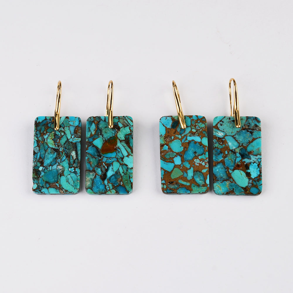 Gold Plated Rectangle Natural Copper Turquoise Dangle Earrings G2078-4
