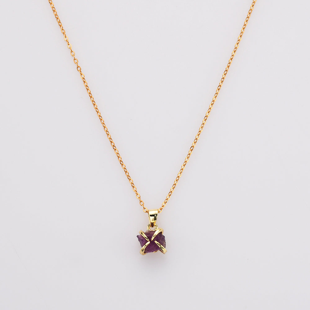 16" Gold Plated Claw Tiny Rainbow Natural Gemstone Necklace, Raw Healing Crystal Stone Pendant Necklace, Birthstone Necklace Jewelry ZG0479-N