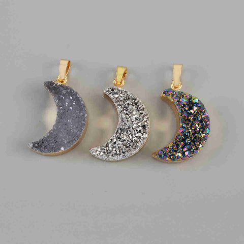Rainbow Gold Plated Natural Agate Titanium Druzy Moon Pendant G2031