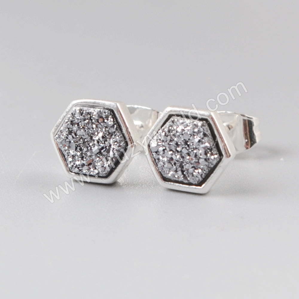 Silver Plated Bezel Hexagon Rainbow Natural Titanium Druzy Stud Earrings ZS0275