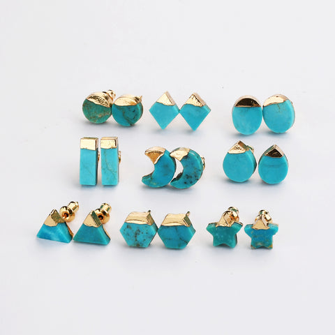 Gold Plated Cap Natural Pure Turquoise Stud Earrings, Gemstone Boho Jewelry G2077