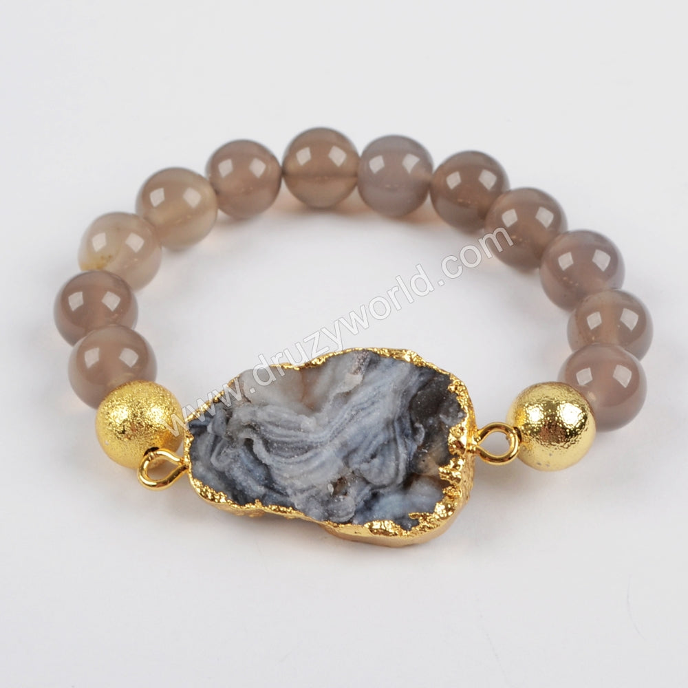 Boho Titanium Galaxy Druzy Quartz Bracelet, 10mm Agate Beaded Bracelet, Handmade Jewelry G1325