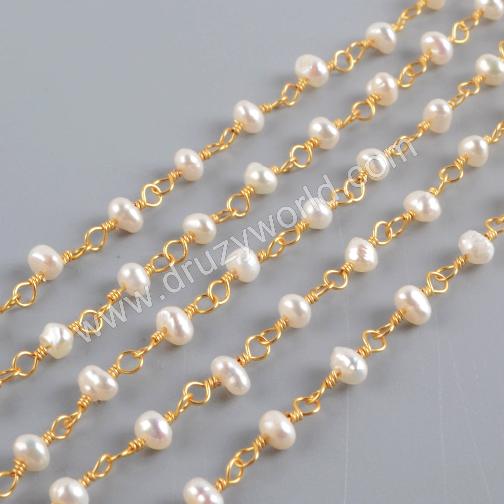1 meter of Natural Pearl Beads Rosary Chains in Gold Plated, DIY Jewelry Necklace JT271