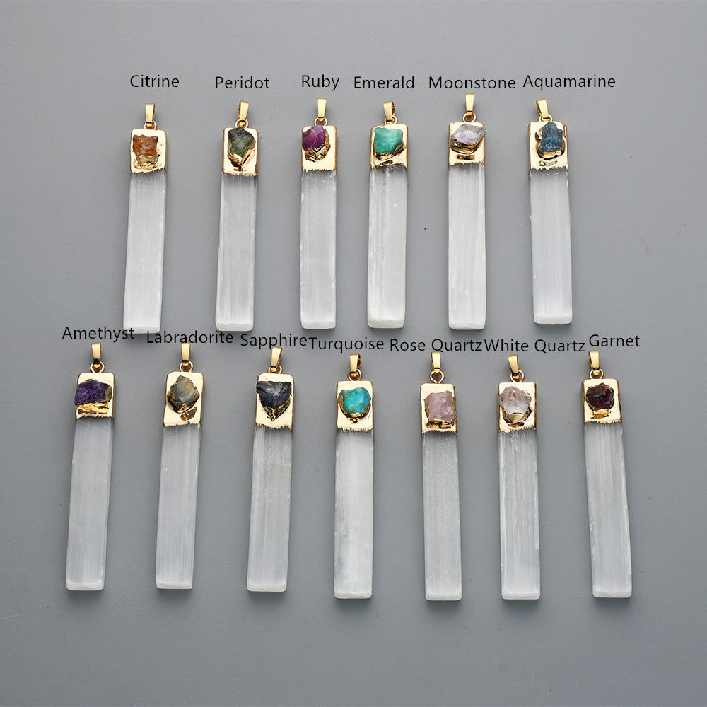 Gold Plated Natural Selenite Bar Pendant/Necklace, Pave Raw Gemstone Chips, Healing Crystal Boho Jewelry G2090