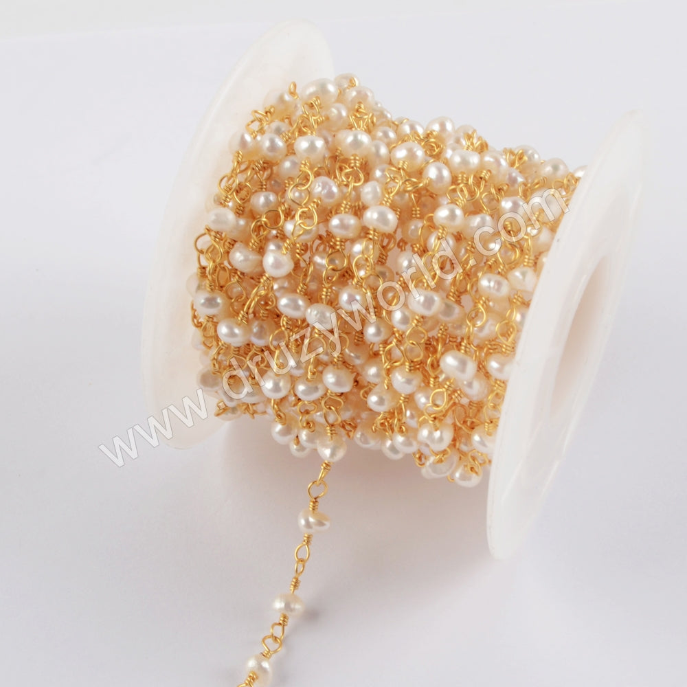 1 meter of Natural Pearl Beads Rosary Chains in Gold Plated, DIY Jewelry Necklace JT271