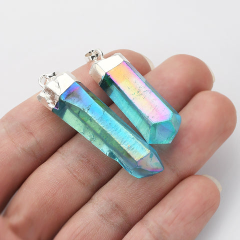 Raw Silver Plated Aqua Aura Quartz Point Pendant, Healing Blue Crystal Crystal Pendant, For DIY Jewelry Making S0360-1