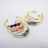 Gold Plated Brass Multi Gemstone Wire Wrap Bangle Bracelet, Healing Crystal Stone Cuff Handmade Boho Jewelry WX2075