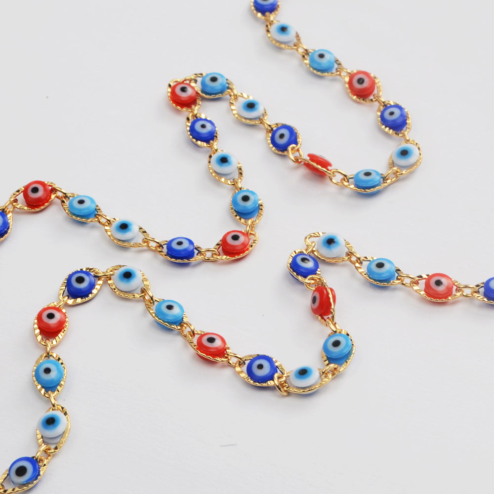 16 Feet Gold Plated Brass Rainbow Evil Eye Chain, Blue Red Eye Chain, For Necklace Bracelet Jewelry Making, Wholesale Supply PJ490