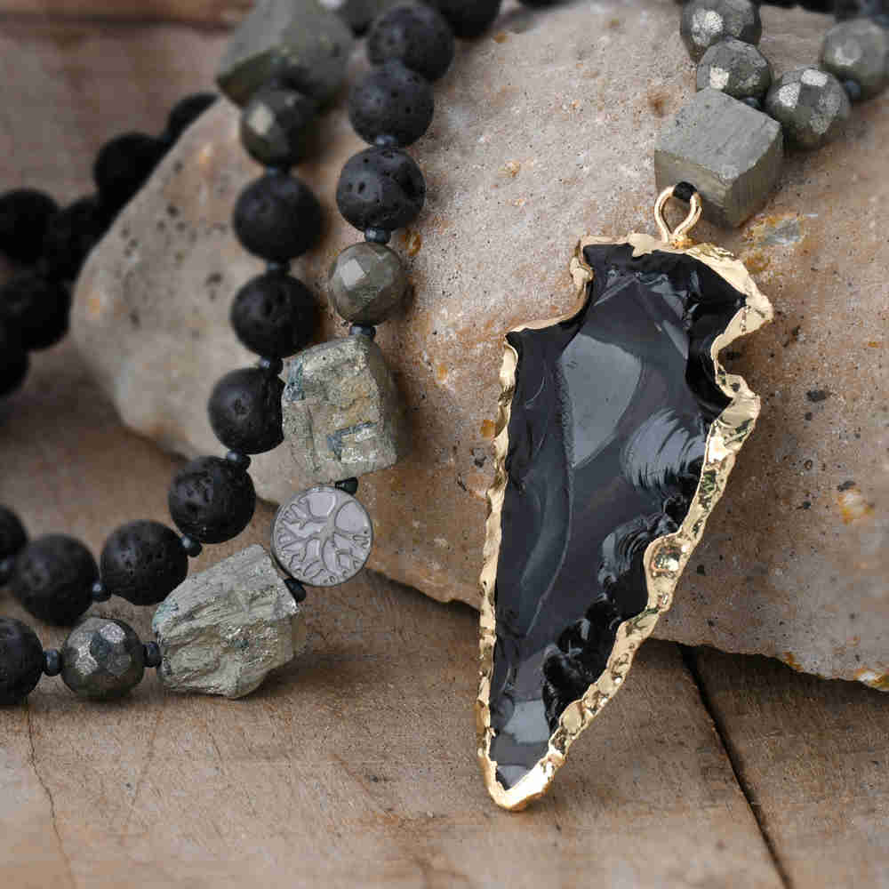 Gold Plated Black Obsidian Arrowhead Necklace, Pyrite Lava Stone Beads, Gemstone Pendant Necklace for Men Women, Healing Crystal Energy Protection Necklace HD0182