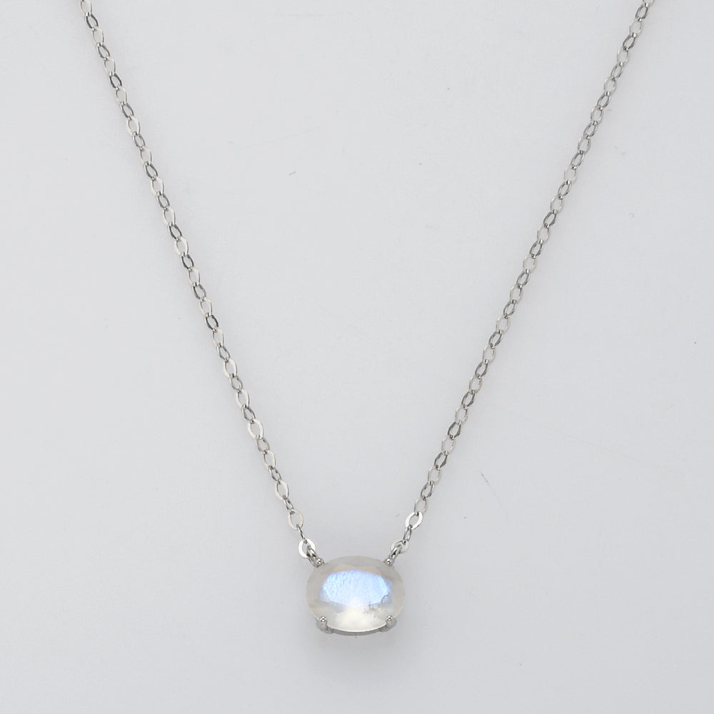 15" S925 Sterling Silver Claw Oval Moonstone Necklace, Faceted Natural Crystal Necklace Jewelry SS253