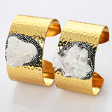 Gold Plated Angel Aura Quartz Cluster Point Rhinestone Bangle Bracelet, AB White Crystal Cuff, Boho Jewelry G2095
