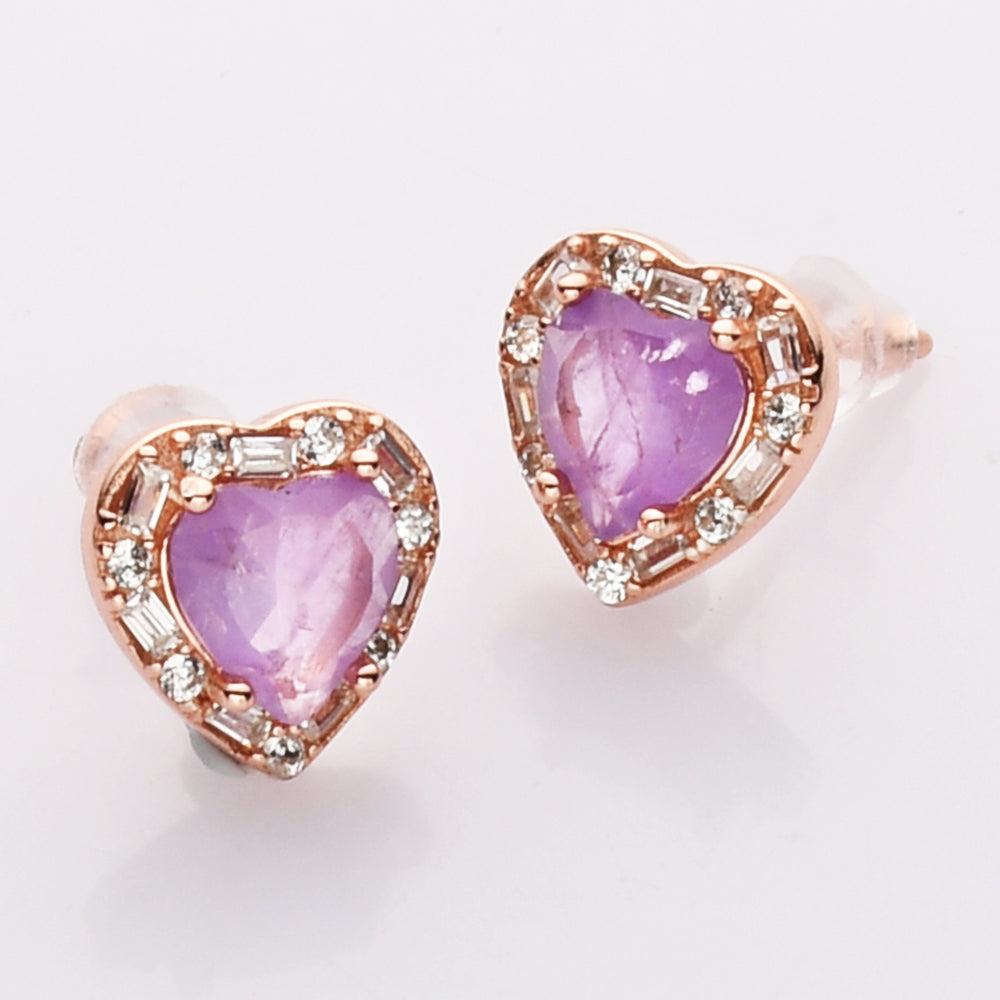 Rose Gold - S925 Sterling Silver CZ Heart Gemstone Stud Earrings, Healing Crystal Jewelry, Dainty Earrings SS213RR