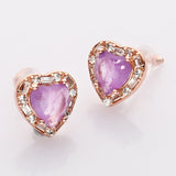 Rose Gold - S925 Sterling Silver CZ Heart Gemstone Stud Earrings, Healing Crystal Jewelry, Dainty Earrings SS213RR