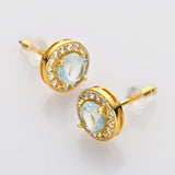 S925 Sterling Silver Gold Round Gemstone Crystal CZ Micro Pave Stud Earrings, Dainty Jewelry SS216EG